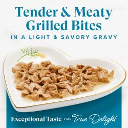 Fancy Feast Grilled Ocean Whitefish and Tuna Feast wet cat food tender meaty fish bites in light savory gravy.