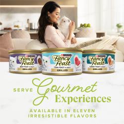 Fancy Feast Grilled Salmon Feast wet cat food and flavors of Beef, Tuna and Turkey cans.