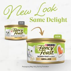 Comparison of old and new packaging for Fancy Feast Grilled Salmon Feast in Gravy 3 oz wet cat food cans.