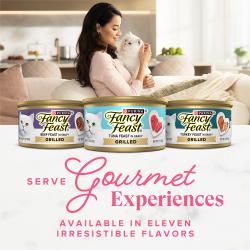 Fancy Feast Grilled Salmon and Shrimp Feast wet cat food flavors of Beef, Tuna and Turkey cans.