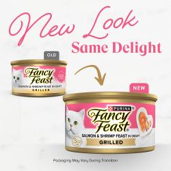 Old and new Fancy Feast Grilled Salmon and Shrimp Feast in Gravy 3 oz wet cat food cans.