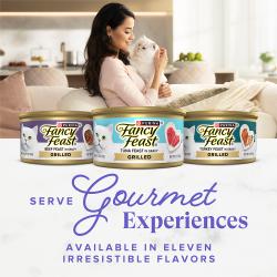 Fancy Feast Grilled Seafood Feast wet cat food with flavors of Beef, Tuna and Turkey cans.