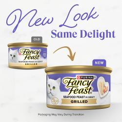 Comparison showing old and new packaging design for Fancy Feast Grilled Seafood Feast in Gravy 3 oz wet cat food cans.