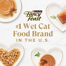 Four wet cat food plates around the Fancy Feast logo and Number One Wet Cat Food Brand in the U.S. claim.