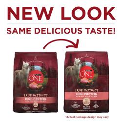 Purina ONE True Instinct High Protein with Real Beef & Salmon Dog Food has a new look with the same delicious taste.