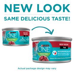 Purina ONE Grain Free Beef Wet Cat Food has a new look with the same delicious taste.
