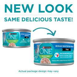 Purina ONE Grain Free Ocean Whitefish Wet Cat Food has a new look with the same delicious taste.