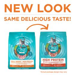 Purina ONE +Plus High Protein Ideal Weight with Chicken Dry Cat Food has a new look with the same delicious taste.