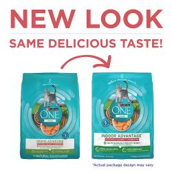 Purina ONE +Plus Indoor Advantage Real Salmon Dry Cat Food has a new look with the same delicious taste.