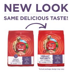 Purina ONE +Plus Vibrant Maturity Adult 7+ Formula Dry Dog Food has a new look with the same delicious taste.