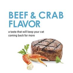 Beef & crab flavor. A taste that will keep your cat coming back for more.