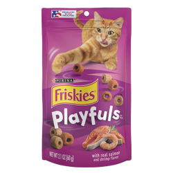 Imagen del producto: bocadillos para gatos Friskies Playfuls con carne real de salmón y camarones