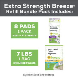 El paquete de repuesto Breeze incluye 8 alfombrillas sanitarias y una bolsa de 7 libras de gránulos