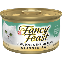 Alimento húmedo <i>gourmet</i> para gatos de paté de bacalao, lenguado y camarón clásico Fancy Feast