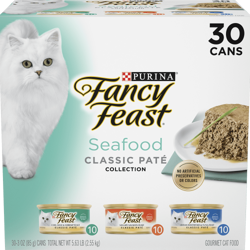 Paquete surtido de 30 latas de alimento húmedo para gatos de la colección de paté de mariscos clásica de Fancy Feast