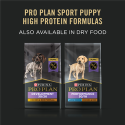 Fórmulas Pro Plan para cachorros deportivos ricas en proteínas, también disponibles en alimento seco