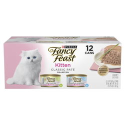 Frente del paquete surtido de colección de alimento húmedo para gatitos patés con atés clásicos de pescado blanco y pavo Fancy Feast
