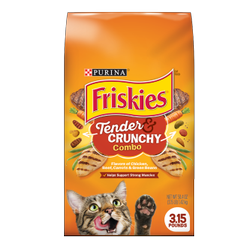 Alimento seco para gatos Friskies combinación tierna y crujiente con sabores de pollo, carne de res, zanahorias y frijoles verdes