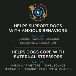 Helps support dogs with anxious behaviors such as jumping, pacing, spinning, excessive vocalization. Helps dogs cope with external stressors such as unfamiliar visitors, novel sounds, separation, changes in routine and location.