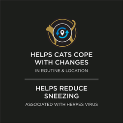 Helps cats cope with changes in routine and location. Helps reduce sneezing associated with herpes virus.