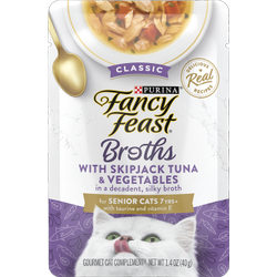 Complemento en caldo de alimento para gatos sénior Fancy Feast de Purina con atún rayado y vegetales