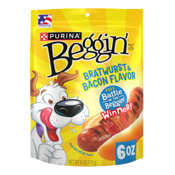 Beggin’ Bratwurst & Bacon Flavor Dog Treats package.