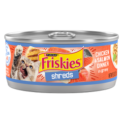 Friskies Shreds Chicken & Salmon Dinner In Gravy Wet Cat Food package