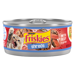 Friskies Shreds With Beef In Gravy Wet Cat Food package.