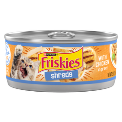 Friskies Shreds With Chicken In Gravy Wet Cat Food package.