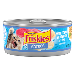 Friskies Shreds With Ocean Whitefish & Tuna In Sauce Wet Cat Food package.