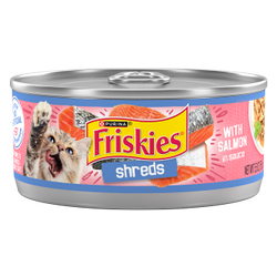 Friskies Shreds With Salmon In Sauce Wet Cat Food package.