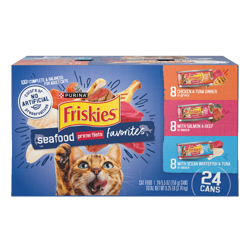 Paquete surtido de 24 unidades de alimento húmedo para gatos Friskies Seafood Prime Filets Favorites