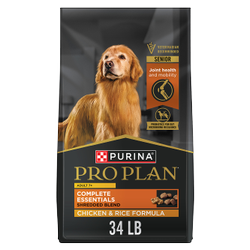 34 lb. bag of Purina Pro Plan Adult 7+ Shredded Blend chicken and rice senior dog food