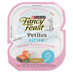 Purina Fancy Feast Gourmet Gravy Petites Tender Salmon Pate Gourmet Wet Kitten Food front of pack
