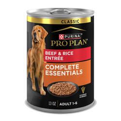 13oz can of Purina Pro Plan Complete Essentials beef and rice wet dog food