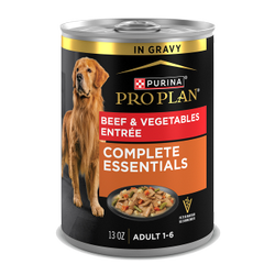 13oz can of Purina Pro Plan Complete Essentials beef and vegetables wet dog food