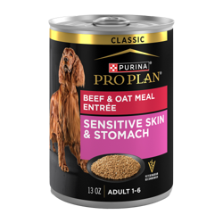 13oz can of Purina Pro Plan Sensitive Skin and Stomach beef and oat meal wet dog food