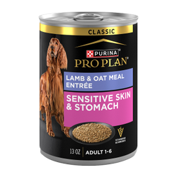 13oz can of Purina Pro Plan Sensitive Skin and Stomach lamb and oat meal wet dog food