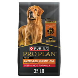 35 lb. bag of Purina Pro Plan Complete Essentials beef and rice dry dog food