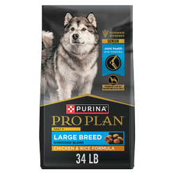 34 lb. bag of Purina Pro Plan Large Breed Senior Shredded Blend chicken and rice dry dog food