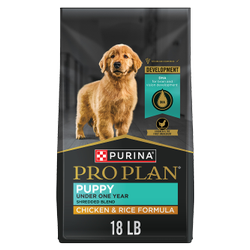 18 lb. bag of Purina Pro Plan Puppy Shredded Blend chicken and rice dry dog food