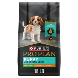 18 lb. bag of Purina Pro Plan Small Breed Puppy chicken and rice dry dog food