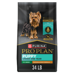 34 lb. bag of Purina Pro Plan Toy Breed Puppy chicken and rice dry dog food