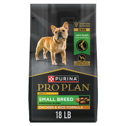 18 lb. bag of Purina Pro Plan Small Breed Senior Shredded Blend chicken and rice dry dog food