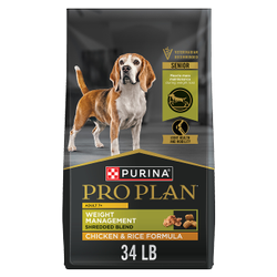 34 lb. bag of Purina Pro Plan Senior Weight Management Shredded Blend chicken and rice dry dog food