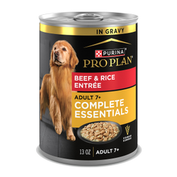 13oz can of Purina Pro Plan Complete Essentials adult 7 plus beef and rice senior wet dog food