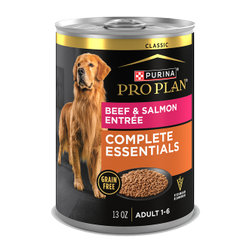 13oz can of Purina Pro Plan Complete Essentials grain free beef and salmon wet dog food
