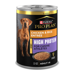 13oz can of Purina Pro Plan Sport high protein chicken and rice wet dog food