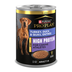 13oz can of Purina Pro Plan Sport high protein turkey, duck and quail wet dog food