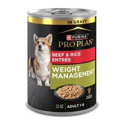 Lata de 13 oz de alimento húmedo para perros Purina Pro Plan Control de Peso res y arroz